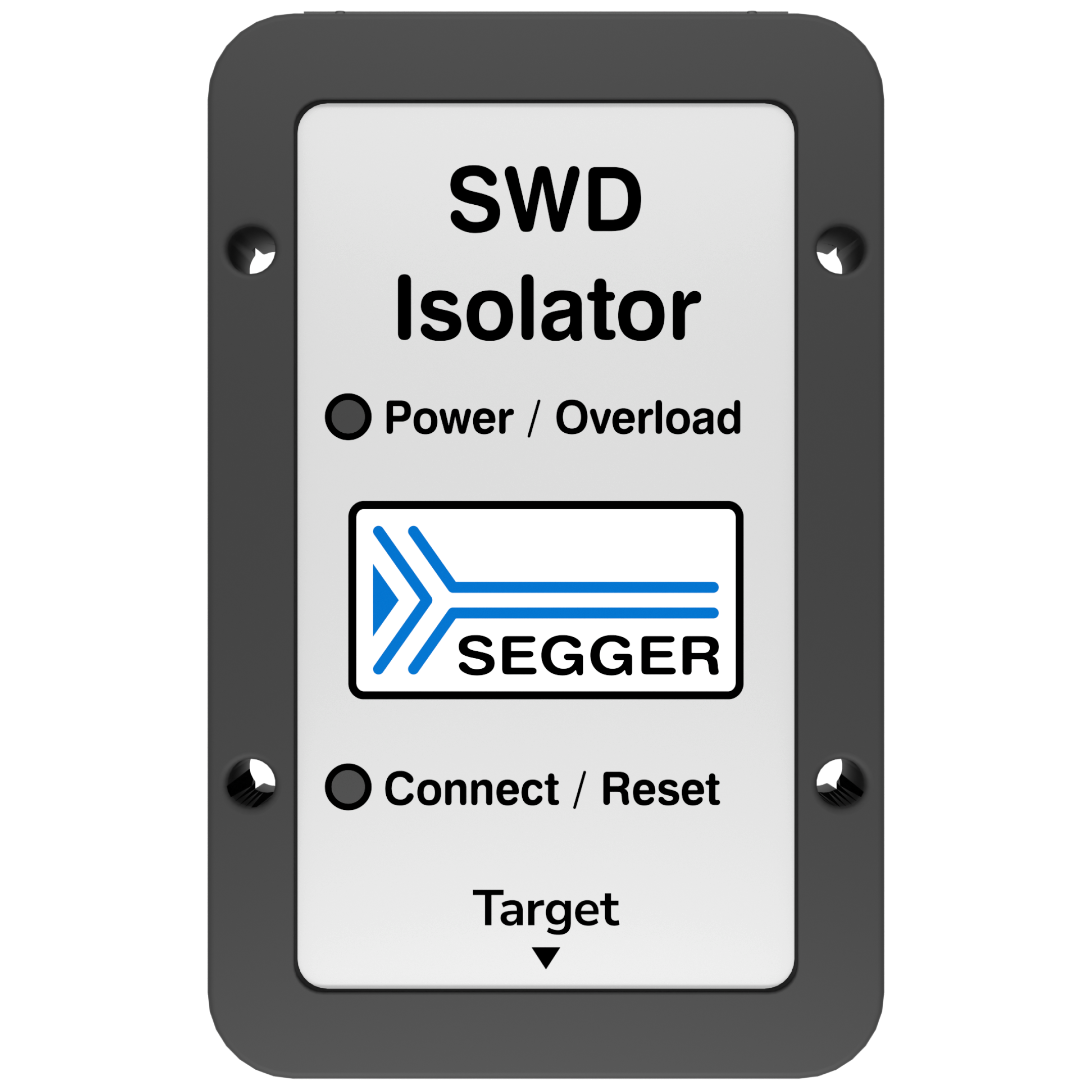 A control panel labeled "SWD Isolator" featuring three buttons: one for "Power / Overload," another for "Connect / Reset," and an arrow pointing downwards labeled "Target." The SEGGER logo is displayed prominently.