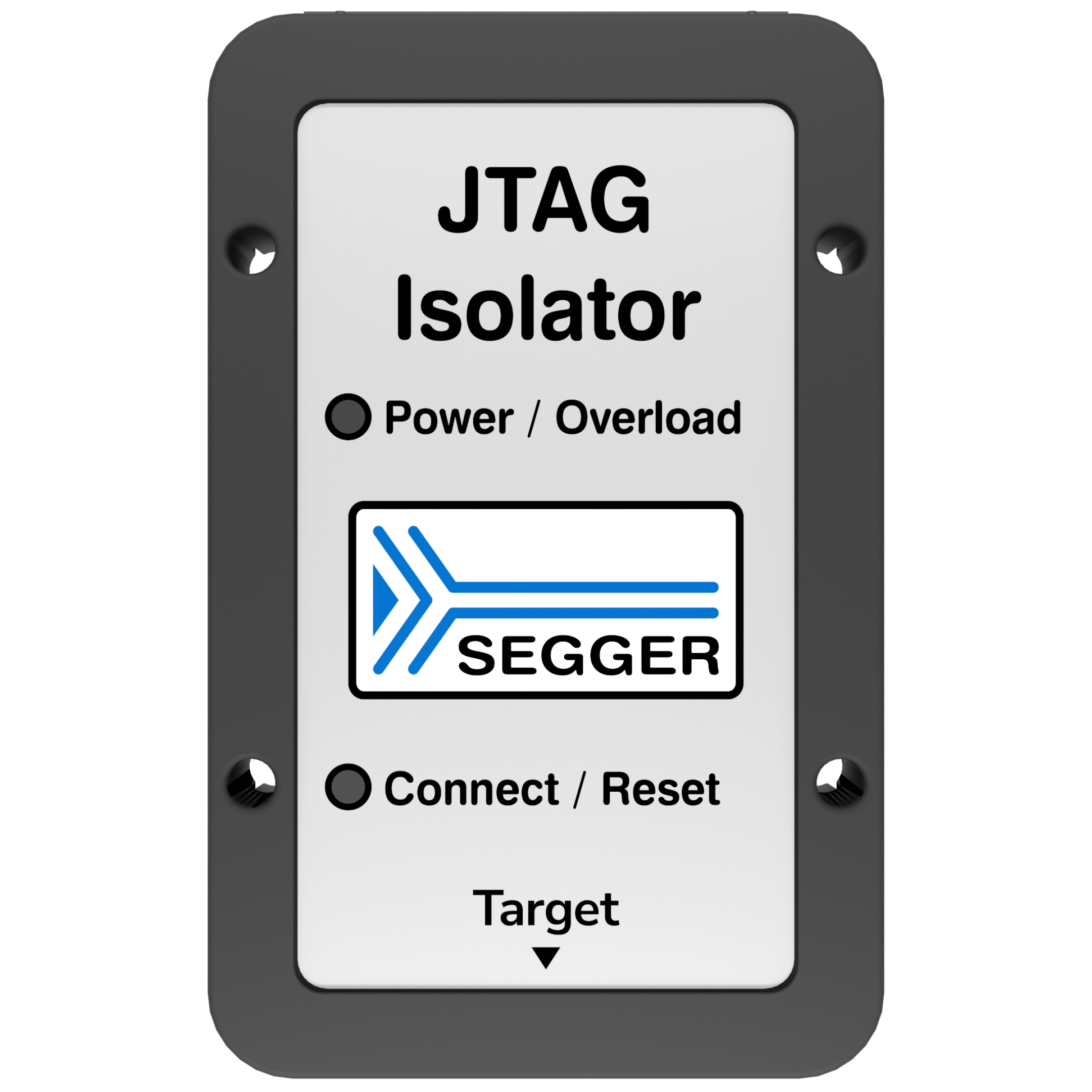 A rectangular device labeled "JTAG Isolator" featuring buttons for "Power / Overload" and "Connect / Reset." The logo for SEGGER is displayed prominently. Below the buttons is the word "Target," indicated by an arrow pointing downward. The device is designed for electronic application use.