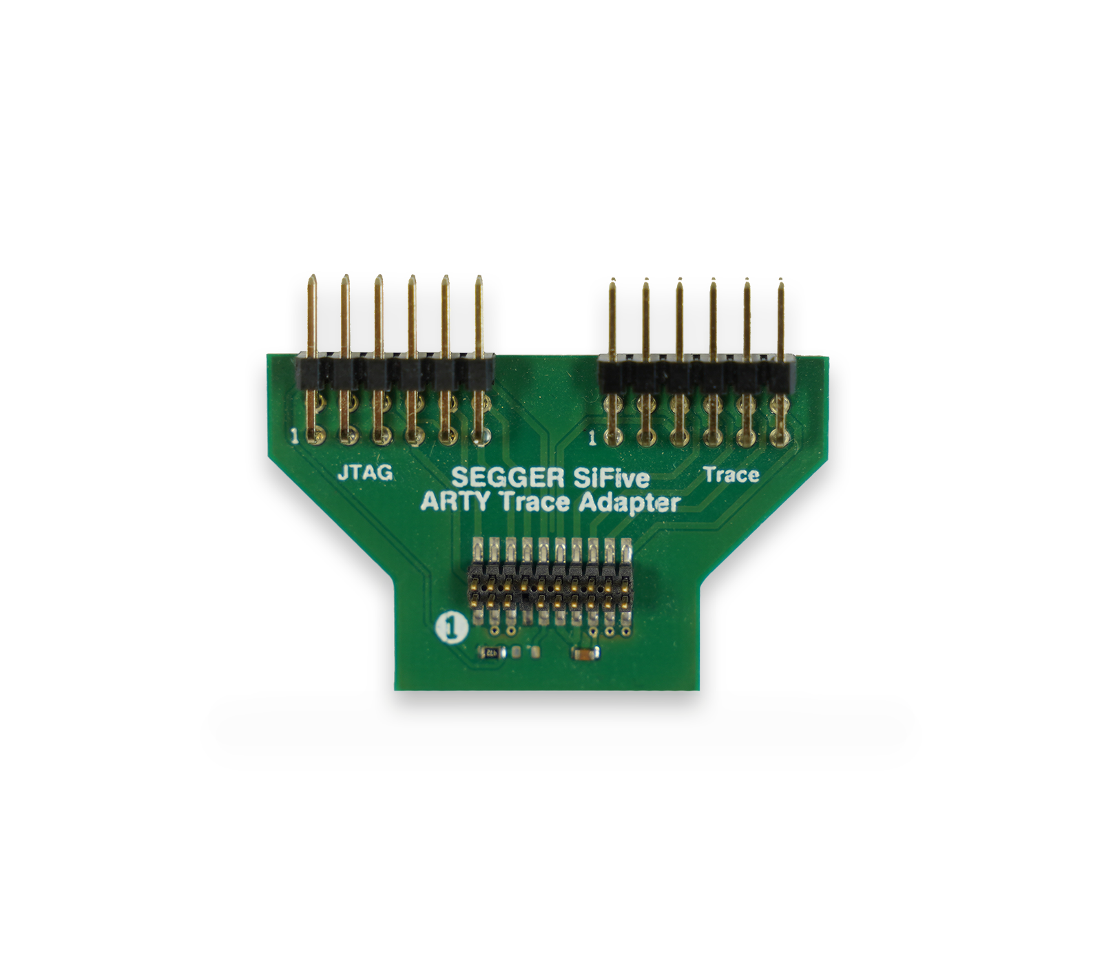 SiFive-ARTY Trace Adapter A green circuit board with multiple pins and a central connector labeled "SEGGER SiFive ARTY Trace Adapter." The board features markings for "JTAG" and "Trace" along with a sequence of electrical connections, designed for interfacing with electronic devices.